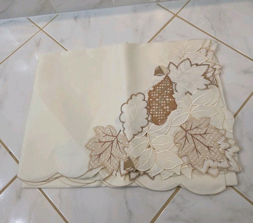 Evermaple Neutral Embroidered Fall Leaf Tablecloth 60x84 Rectangular Cutwork...